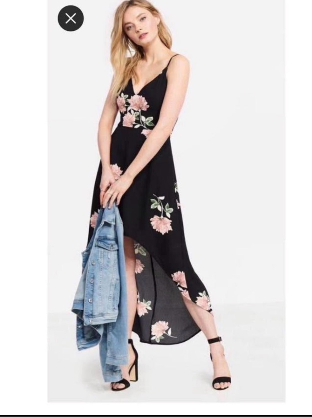 Dynamite Black High-Low Slip Dress with Pink Floral Print